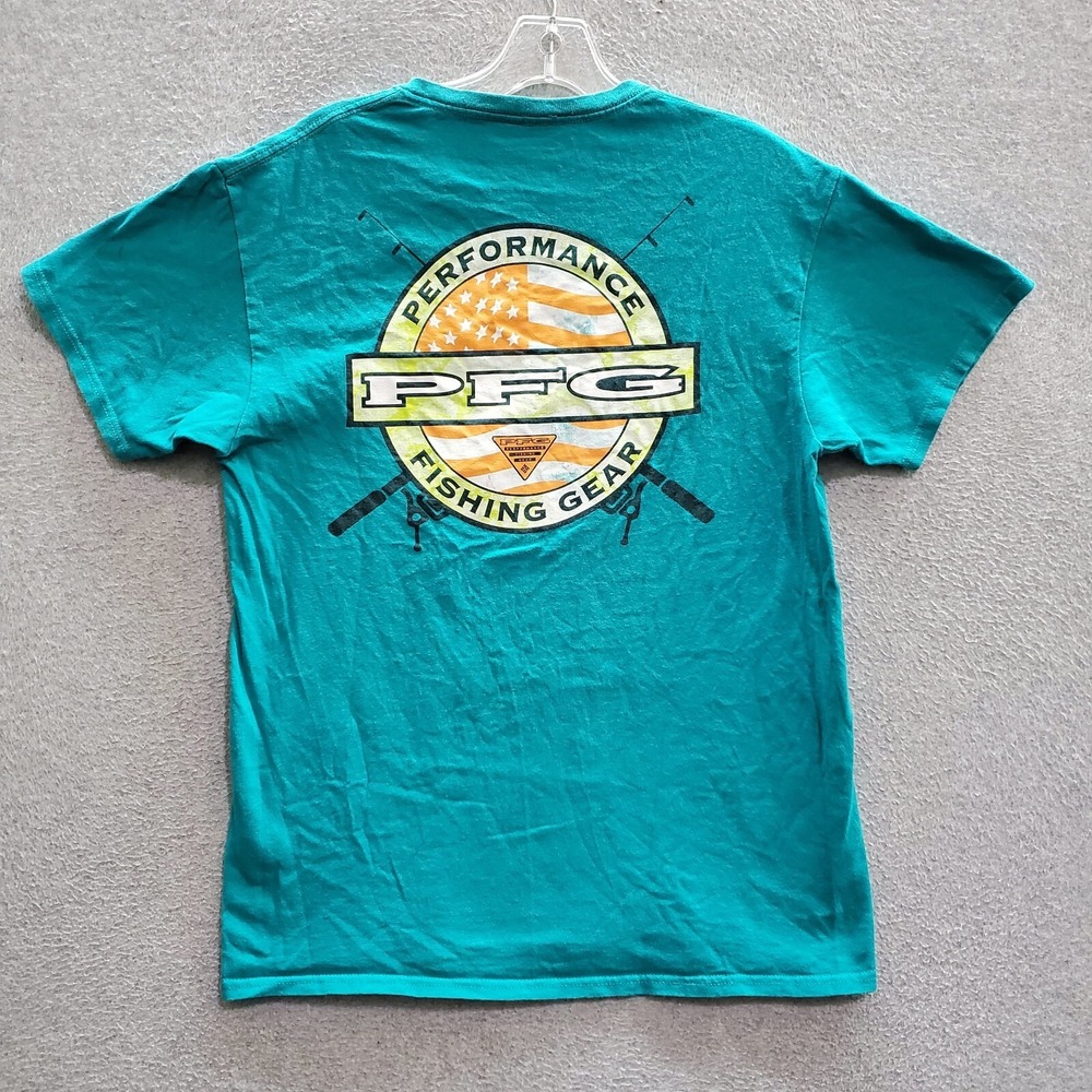 Columbia PFG Men T-Shirt Medium Blue Performance Fishing Gear USA Flag‎ Graphic